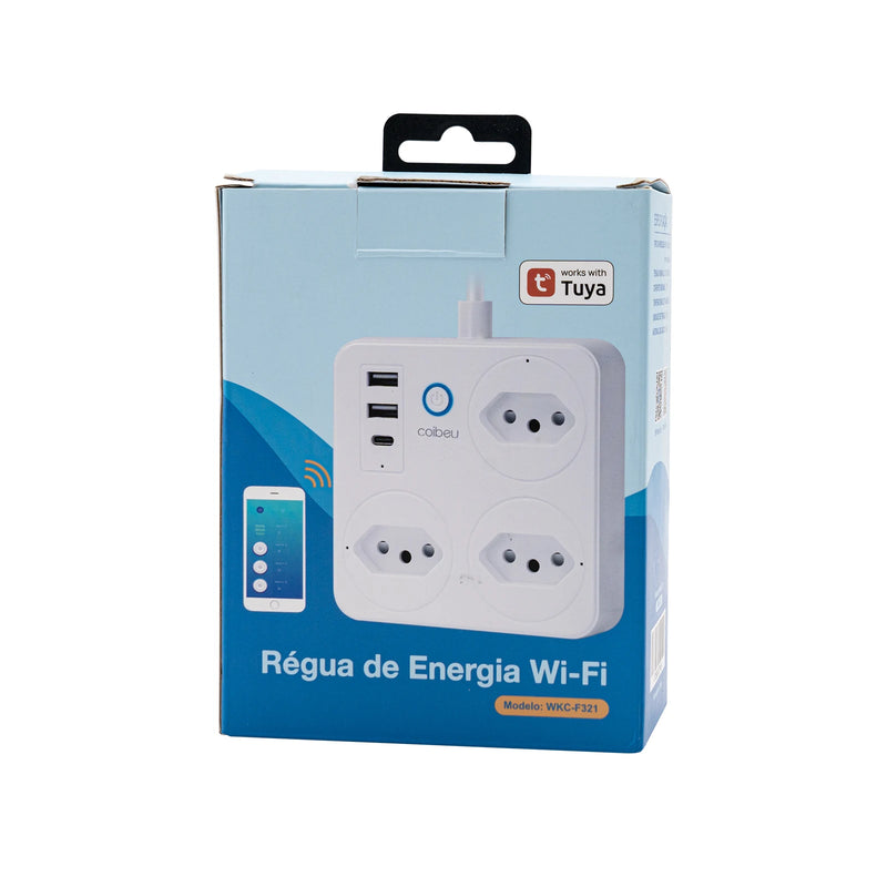 Filtro de Linha Inteligente Com WiFi, 3 Tomada, 2 Entradas USB, 1 Entrada Tipo C e 1 Botão Liga Desliga Geral