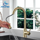 Torneira de cozinha FMHJFISD, torneira de cozinha dourada escovada, torneira de água retrátil, misturadora de alça única, rotação de 360 graus, torneira de chuveiro de cozinha