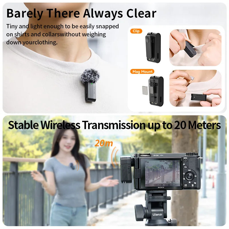 Microfone de lapela sem fio Ulanzi A100 para câmera iPhone 16 15 Pro Max Android DJI Action Pocket 3 com gravação dupla ao vivo