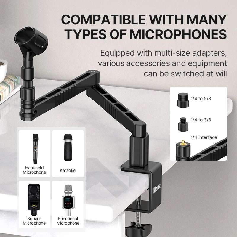 Suporte baixo para microfone de mesa Ulanzi LS26, ajustável em 360°, braço cruzado super longo de 48 cm com suporte para microfone de 1/4'', 3/8'' e 5/8''