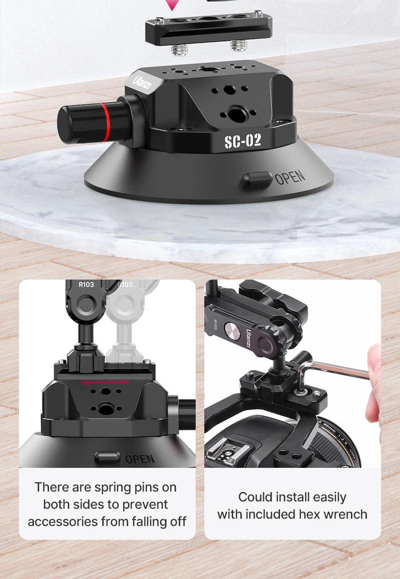 Ulanzi Car Phone Action Camera Holder Hand Pump Suction Cup 360° Adjustable 1/4" 3/8" For GoPro Insta360 DJI Action Smart Phone