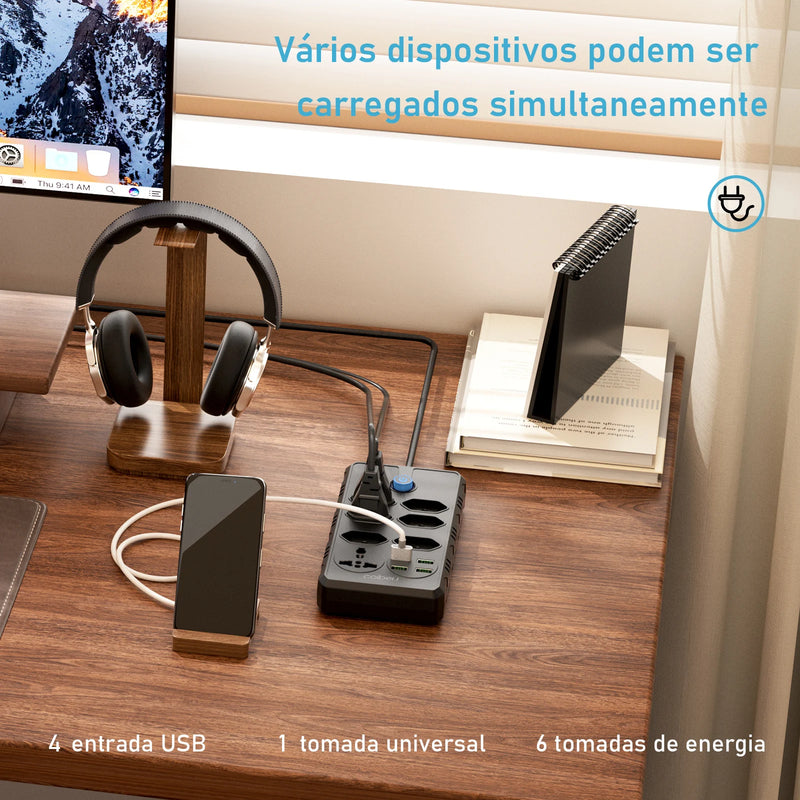 Soquete de extensão e filtro de linha elétrica USB