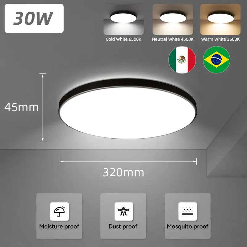 Luminária de teto LED 110V 220V à prova d'água, moderna, 20W/30W/40W/50W para sala de estar, quarto, banheiro e cozinha