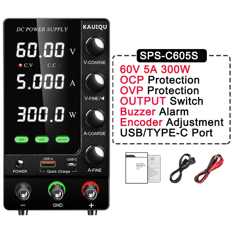 Fonte de alimentação KUAIQU DC 30V 10A, fonte de alimentação de bancada DC regulada por comutação ajustável, 12V 24V 48V 60V 120V, carregamento inteligente