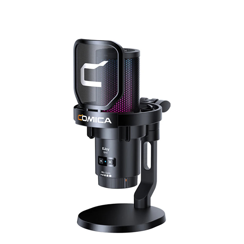 Microfone para jogos USB Comica Uni Pro com botão de cancelamento de ruído/RGB/balanço de ganho e microfone condensador para streaming de podcast