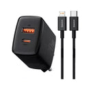 Kit Carregador Duplo Baseus Compacto 20W para iPhone 14 e Anteriores + Cabo de 1 Metro - Preto