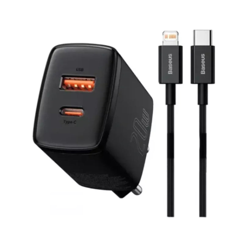 Kit Carregador Duplo Baseus Compacto 20W para iPhone 14 e Anteriores + Cabo de 1 Metro - Preto