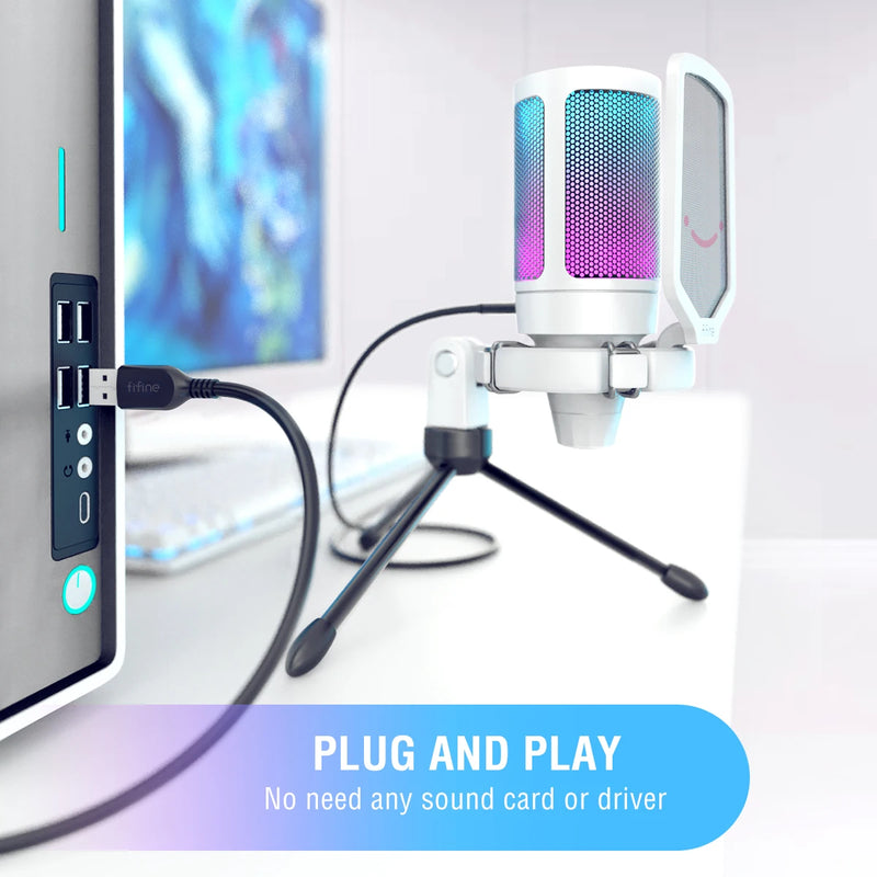 Microfone para jogos USB FIFINE, microfone condensador com RGB, para PC, PS4, PS5 e MAC, adequado para podcasters/jogadores/influenciadores/estúdio doméstico