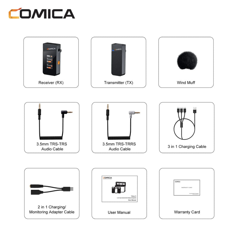 Microfone de lapela sem fio Comica Vimo C C3 C2 C1 2.4G para câmera de smartphone, vlog, streaming de YouTube vs Rode GO II