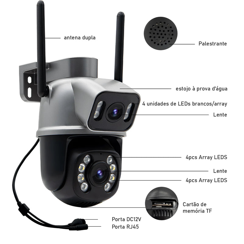 Câmera de vigilância Icsee preta Wi-Fi, monitor de câmera de segurança 4K Ultra HD, câmera de segurança Wi-Fi à prova d'água