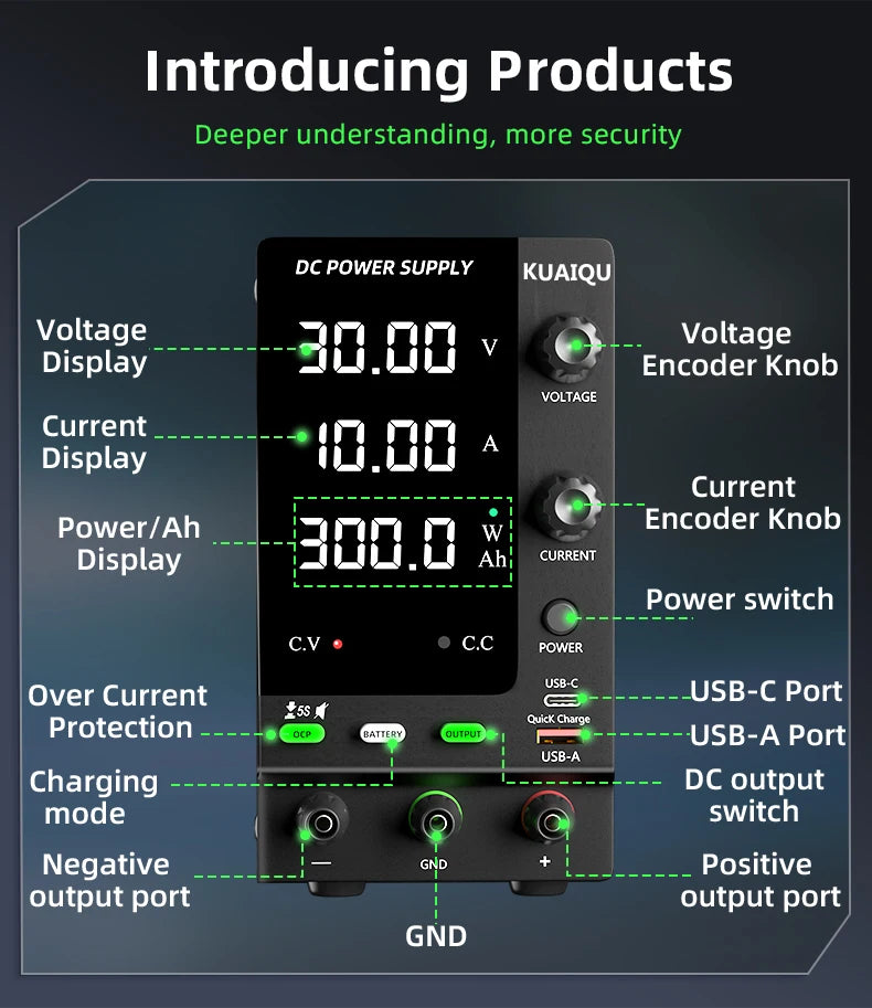 Fonte de alimentação KUAIQU DC 30V 10A, fonte de alimentação de bancada DC regulada por comutação ajustável, 12V 24V 48V 60V 120V, carregamento inteligente