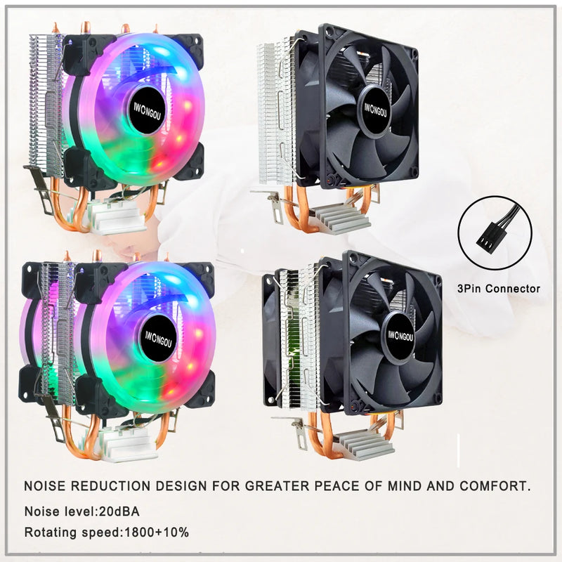 Cooler de processador x99 para LGA 2011 RGB Ventilador IWONGOU 2 Heatpipes CPU Radiator PWM 3Pin Fans para Intel 1366/1700/AM4/AMD