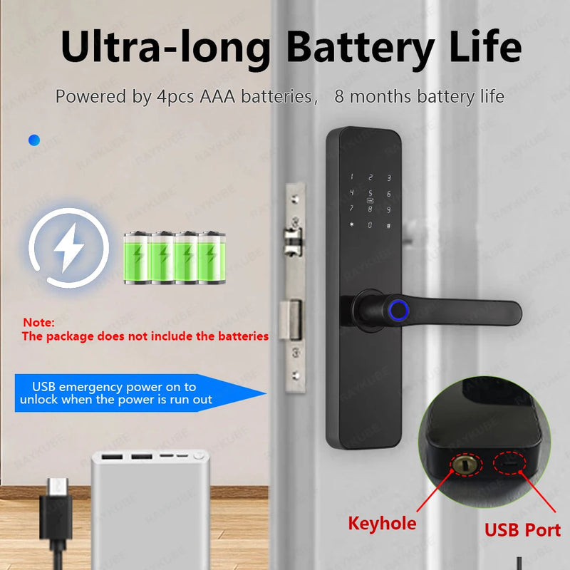 Fechadura Elétrica Inteligente para Porta com Impressão Digital e Alça Maior e Chave/Aplicativo de Desbloqueio Remoto RAYKUBE F7 Tuya WiFi