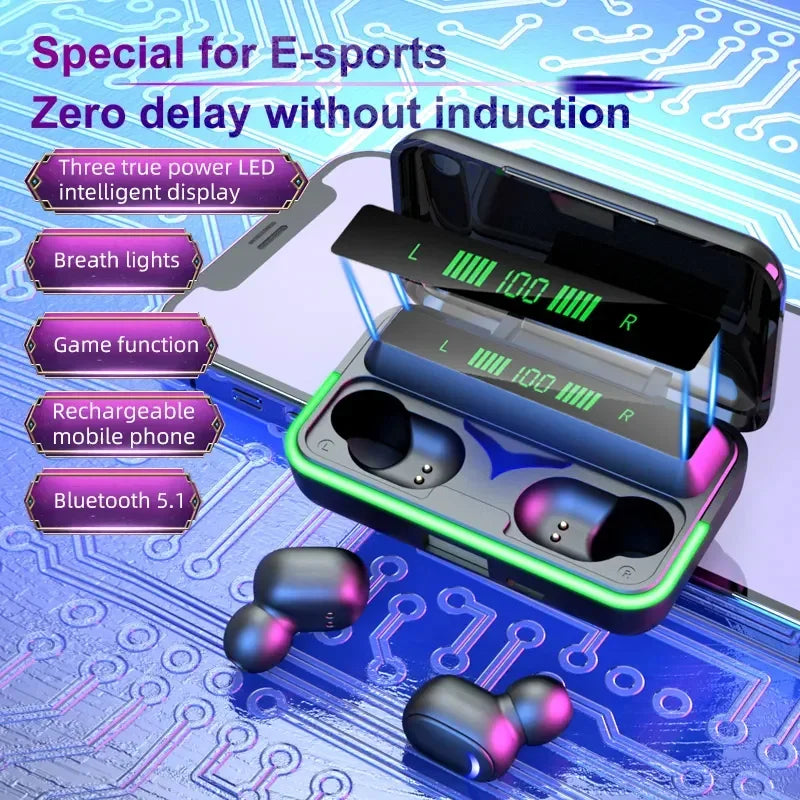 Fones de ouvido sem fio E10 Tws V5.1 Bluetooth com tecnologia touch para esportes e bateria externa, compatíveis com smartphones.