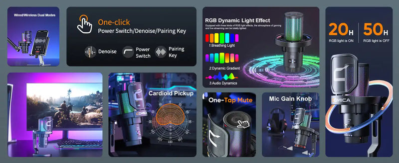 Microfone para jogos USB com fio Comica Uni D Uni A para PC, laptop, telefone, microfone condensador com cancelamento de ruído e iluminação RGB