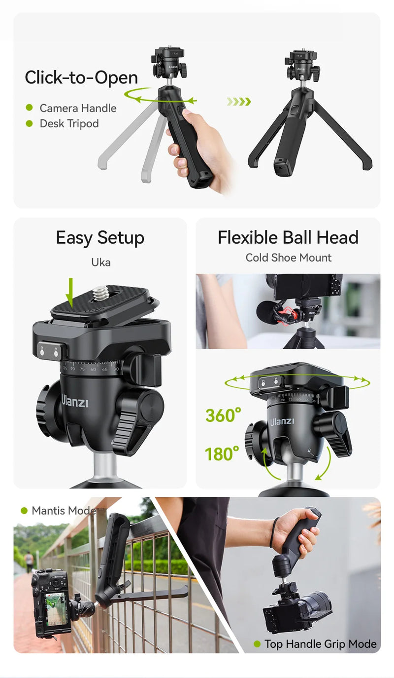Tripé Ulanzi VlogPod TT38 com placa de liberação rápida, alça para câmera DSLR, tripé de mesa para transmissão ao vivo após selfie e vlog