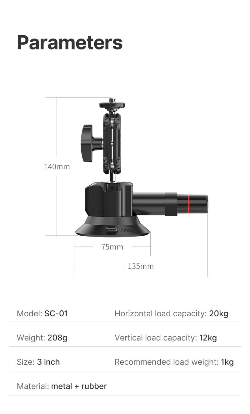 Ulanzi Car Phone Action Camera Holder Hand Pump Suction Cup 360° Adjustable 1/4" for GoPro for Insta360 DJI Action Smart Phone