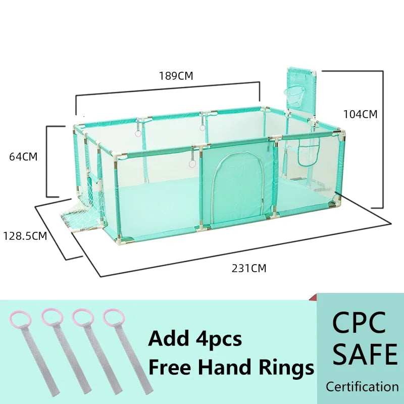 Cercado infantil IMBABY para uso interno, com barreira de segurança, piscina seca e área de recreação para crianças.