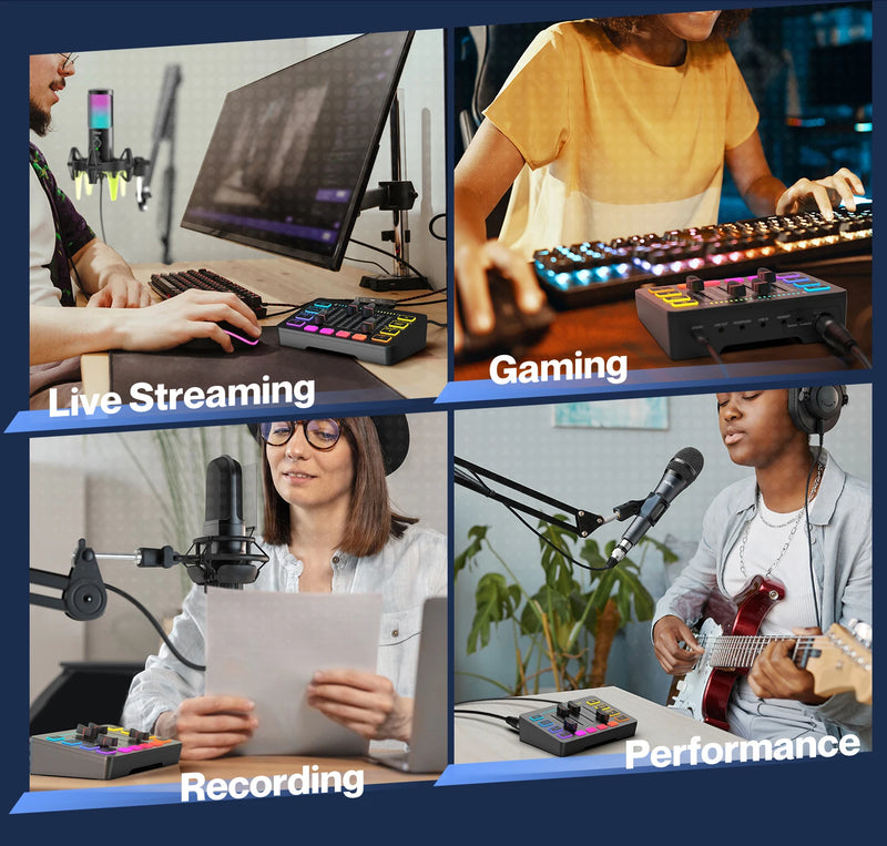 Mixer para jogos USB FIFINE com interface de microfone XLR, alimentação fantasma de 48 V, RGB, placa de som para podcast e streaming AmpliGame SC3