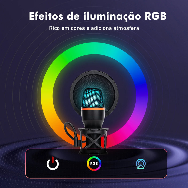 Microfone de mesa RGB com cancelamento de ruído ativo de 48 kHz, conexão USB plug & play e tripé ajustável para streamers/gamers, Coibeu