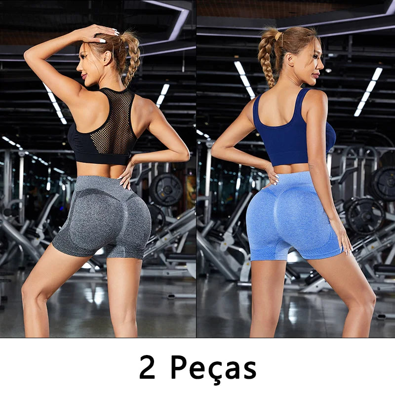2 peças, shorts esportivos femininos, shorts de ginástica, calças de ioga femininas com controle de barriga e bumbum