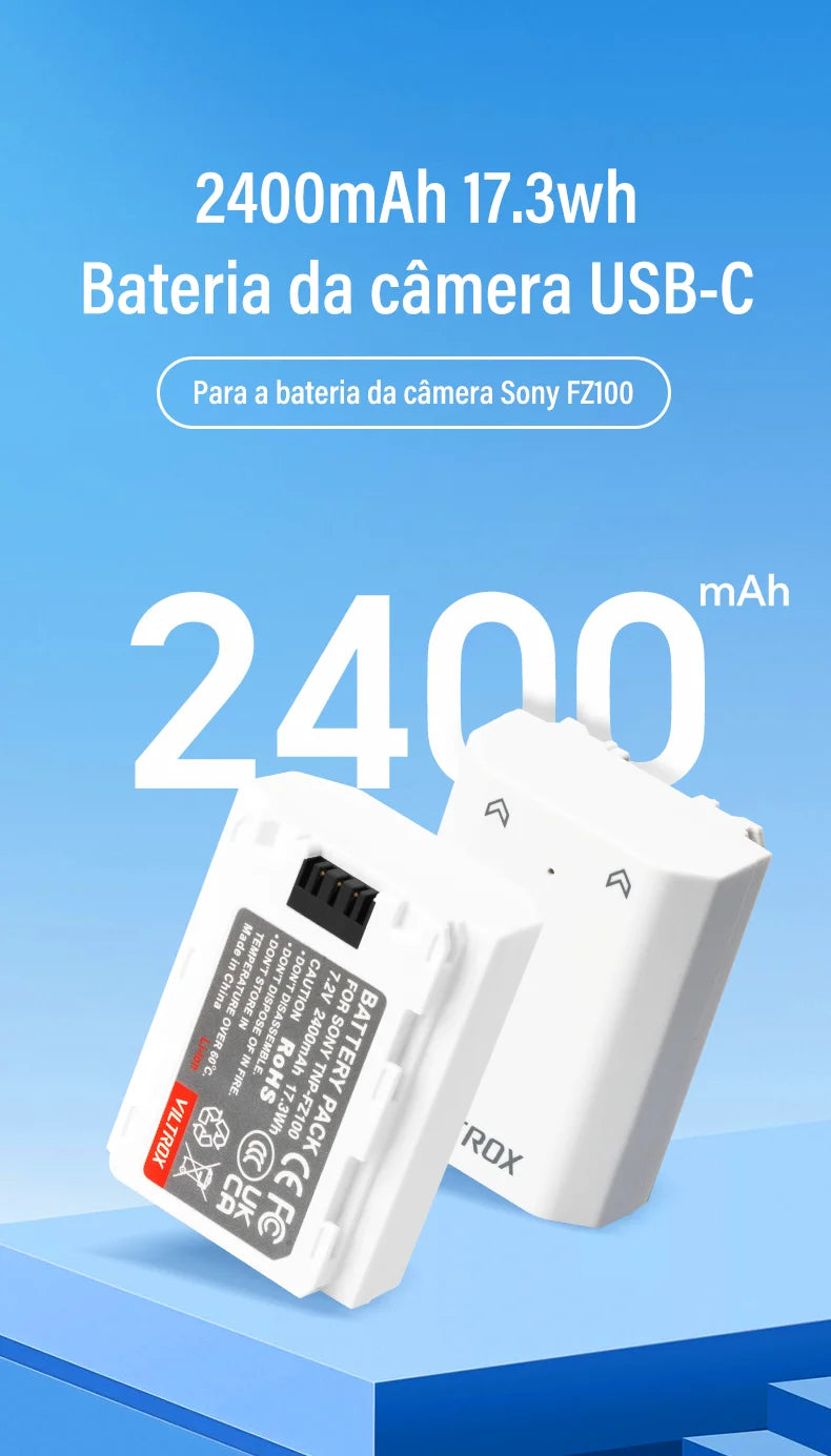 Bateria para câmera Viltrox FZ100 FW50 USB-C com carregamento rápido e recarregável para câmera Sony A6700 FX3 ZV-E1 ZV-E10 A7M4 A9 A1