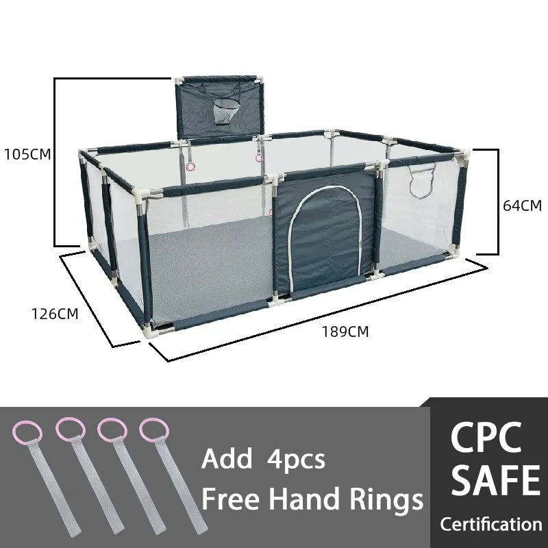 Cercado infantil IMBABY para uso interno, com barreira de segurança, piscina seca e área de recreação para crianças.