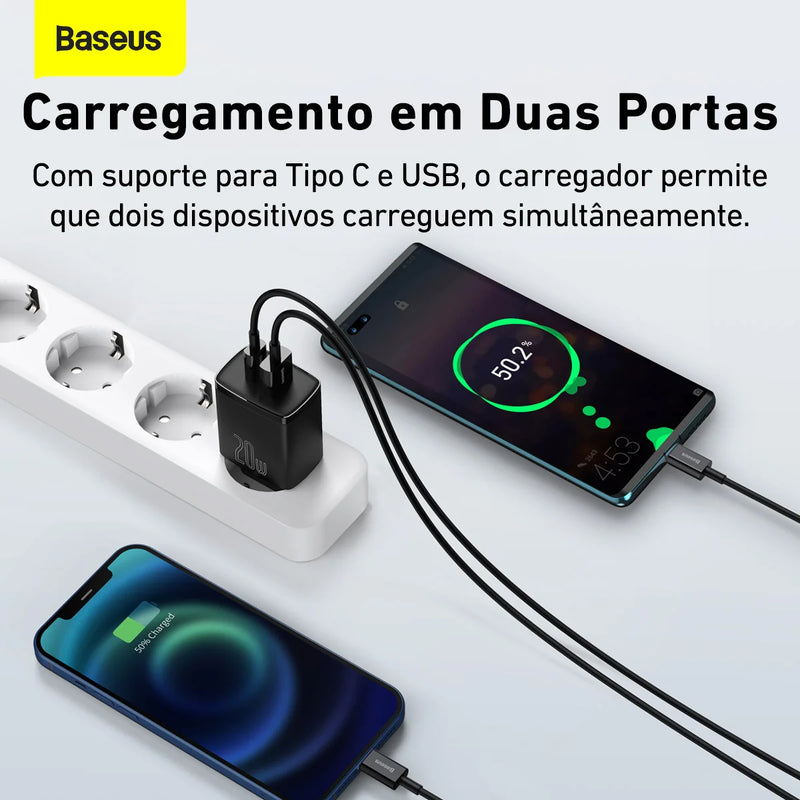Kit Carregador Duplo Baseus Compacto 20W para iPhone 14 e Anteriores + Cabo de 1 Metro - Preto
