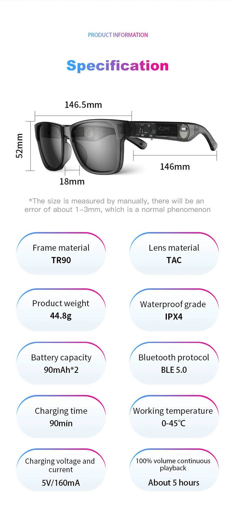 Óculos de Sol Inteligentes KUMI Meta V1, Polarizado com Bluetooth, à Prova D'água IPX4, Fones de Ouvido Abertos, Assistente de Voz com IA