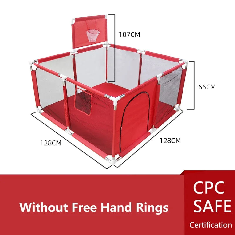 Cercado infantil IMBABY para uso interno, com barreira de segurança, piscina seca e área de recreação para crianças.