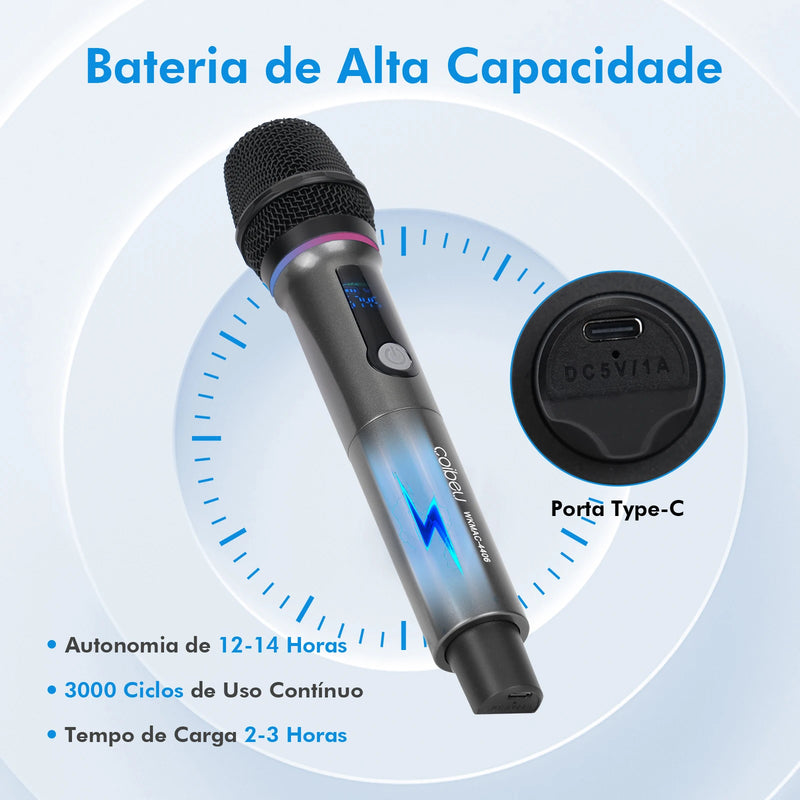 Kit 2 Microfones sem fio UHF 2.4G profissional com LED RGB - 2 unidades, bateria 18650, atraso de 2,5 ms, cardioide para karaokê/ao vivo