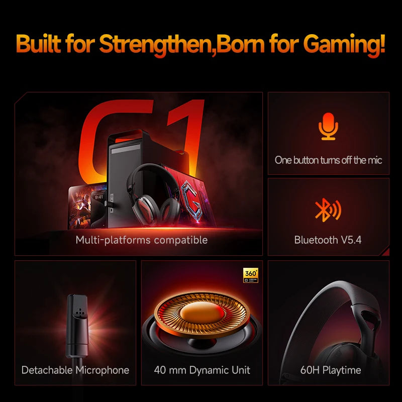 Fone de ouvido sem fio para jogos Picun G1 2,4 GHz, som surround 3D, áudio espacial, microfone ENC HD, fones de ouvido leves para jogadores, PS5, PC e telefone