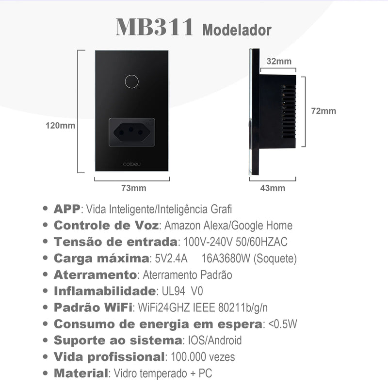 Interruptor Inteligente Tuya Compatível Alexa, Smart Switch com Neutro, APP e WiFi por Toque,