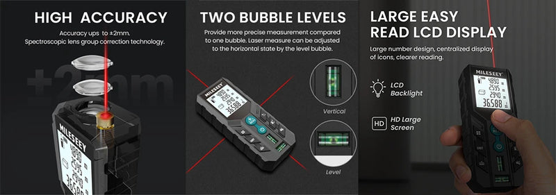 Telêmetro a laser MILESEEY D2 40M 60M 100M 120M Fita métrica a laser Bolha horizontal dupla Roleta digital