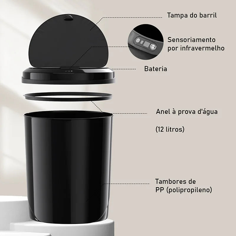 Lixeira de reciclagem inteligente com sensor automático à prova d'água disponível para cozinha e banheiro