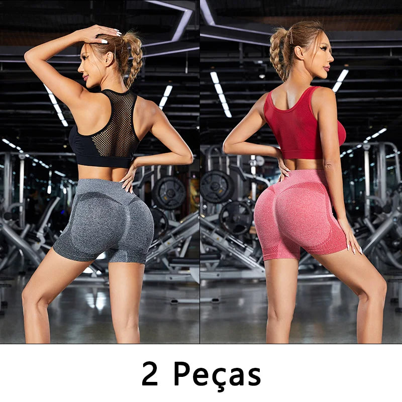 2 peças, shorts esportivos femininos, shorts de ginástica, calças de ioga femininas com controle de barriga e bumbum