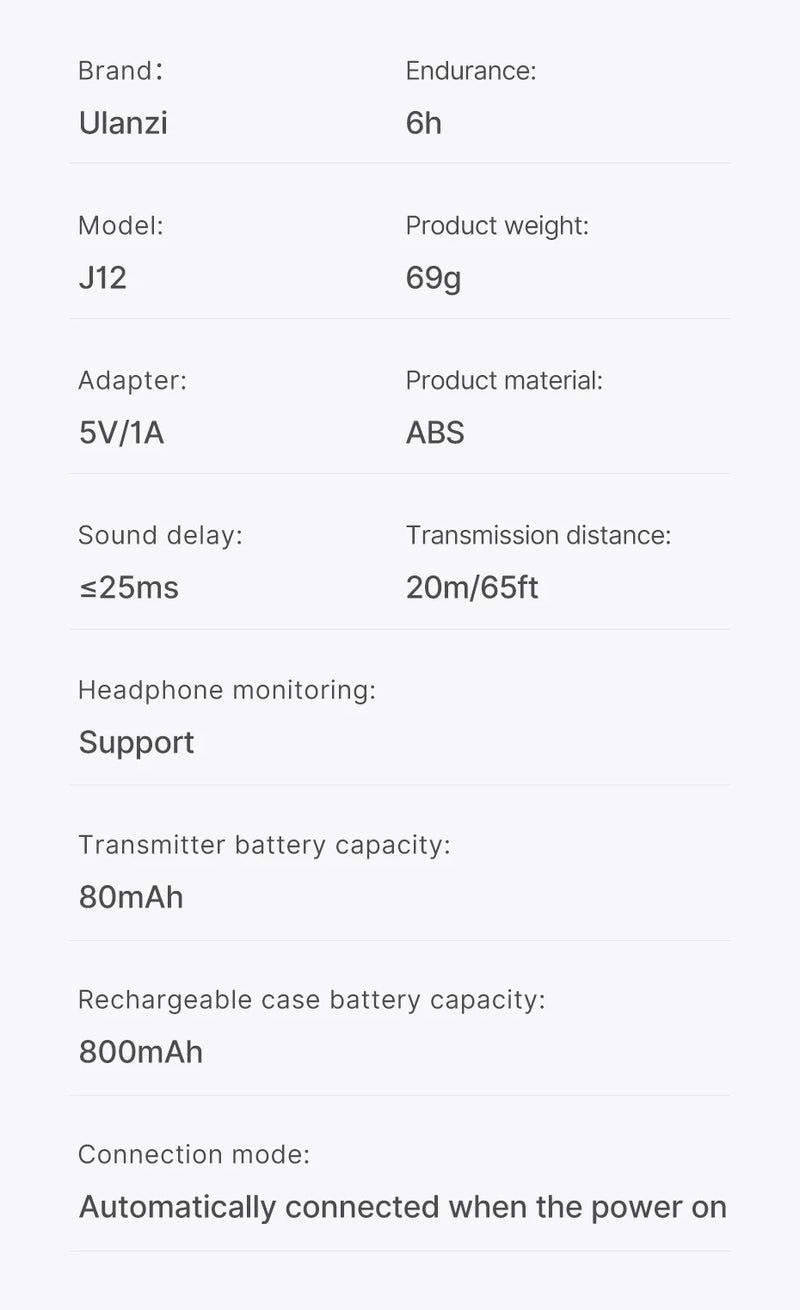 Microfone de lapela sem fio Ulanzi J12 com 20m de comprimento distancia e gravação de áudio e vídeo para smartphone Android e iPhone 16 DJI Action 5800mAh