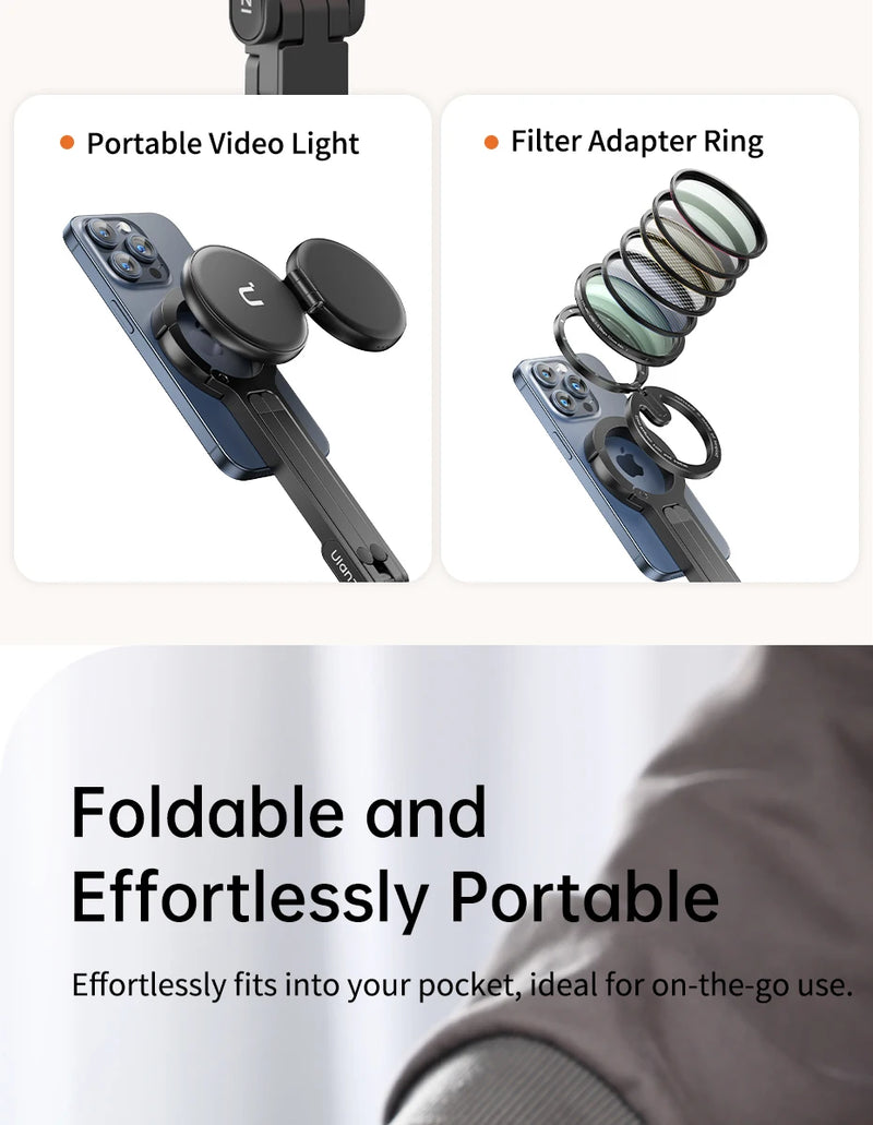 Ulanzi MA30 Tripé para celular com mosquetão, suporte magnético de dupla face para vídeo, luz, vlog, transmissão ao vivo, viagens ao ar livre