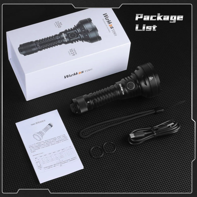 Lanterna tática recarregável Wurkkos TD01C 21700 LED USB-C 1800lm, alcance de 1000 m, IPX8, à prova d'água, com interruptor traseiro