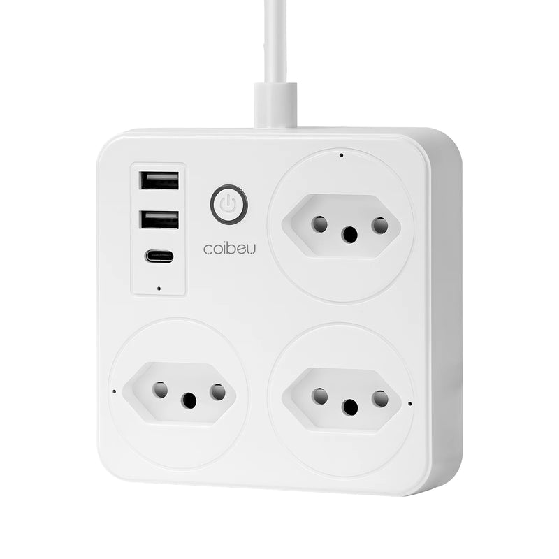 Filtro de Linha Inteligente Com WiFi, 3 Tomada, 2 Entradas USB, 1 Entrada Tipo C e 1 Botão Liga Desliga Geral