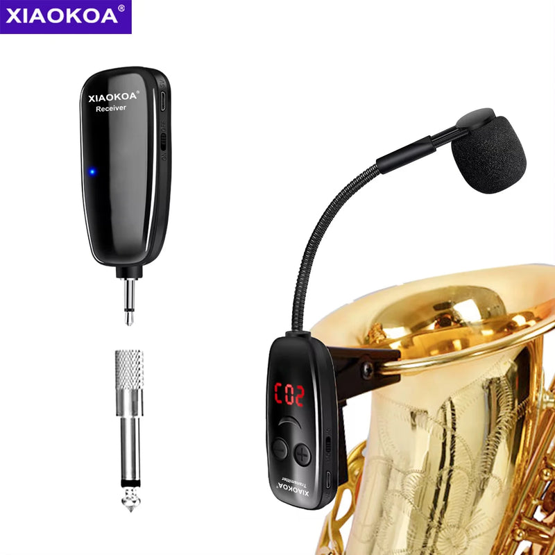 Microfone para saxofone Wireless Instruments, receptor e transmissor sem fio, alcance de 160 pés, plug and play, ótimo para trompetes XIAOKOA UHF