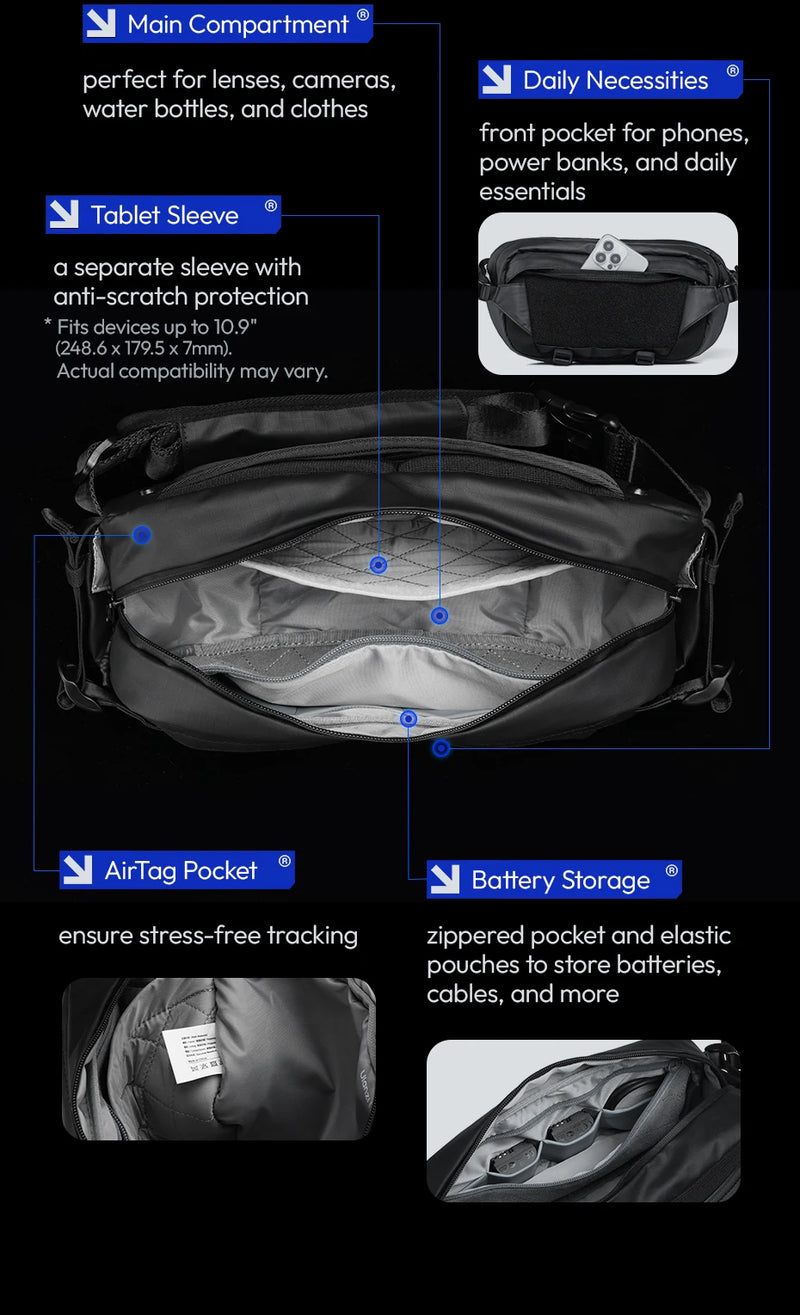 Ulanzi AB02 TAI Bolsa tiracolo para câmera, bolsa casual para viagem, fotografia de rua, bolsa para deslocamento diário, faça você mesmo, personalizável, 9L, grande capacidade