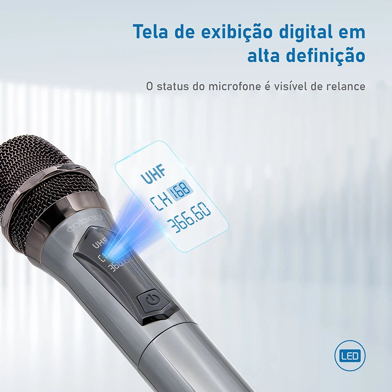 Kit 2 microfones profissional, sem fio portátil, display LED, UHF duplo, redução de ruído, sinal estável