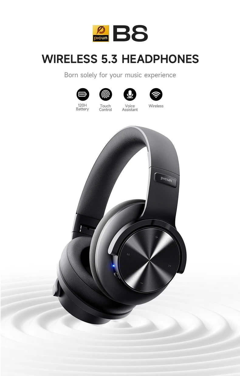 Fones de ouvido com 120 horas de reprodução, Bluetooth Picun B8 3EQ sem fio, baixa latência, chamadas viva-voz