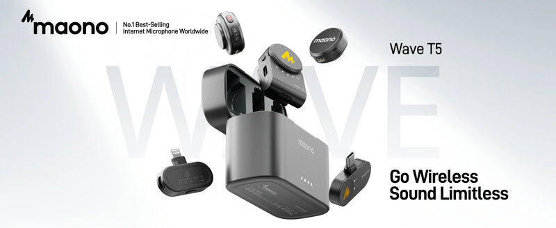 Microfone de lapela sem fio Maono Wave T5 com cancelamento de ruído para gravação de vídeo e streaming, compatível com câmeras de celulares