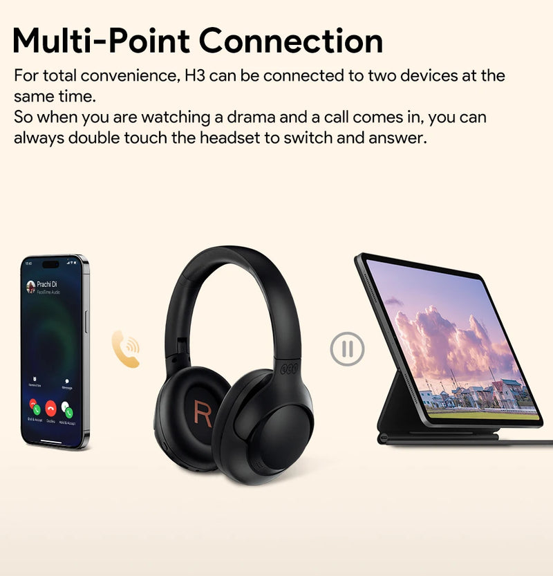 Fones de ouvido sem fio QCY H3 ANC Bluetooth 5.4 com áudio de alta resolução e cancelamento de ruído ativo híbrido de 43 dB 60H