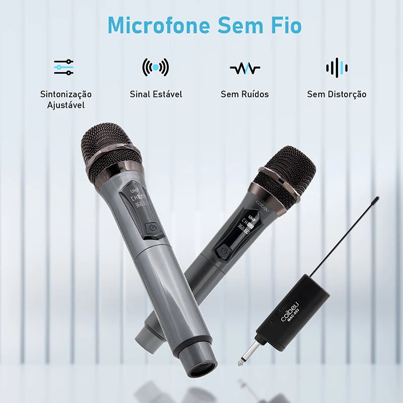 Kit 2 microfones profissional, sem fio portátil, display LED, UHF duplo, redução de ruído, sinal estável