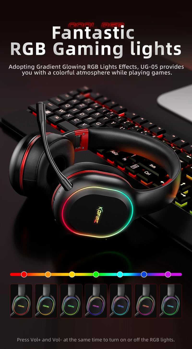 Fones de ouvido para jogos Kofire UG-05 2.4G BT5.0 sem fio com microfone RBG luz vibração Bluetooth para PS4 PS5 PC Switch