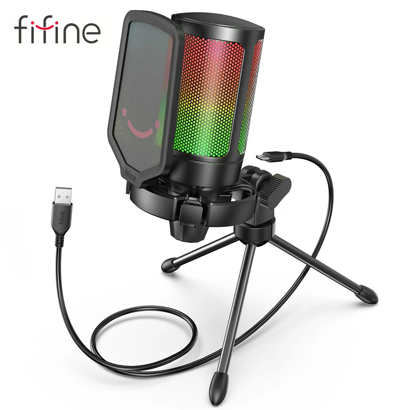 Microfone USB FIFINE Ampligame para streaming de jogos com filtro pop, montagem antichoque e controle de ganho, multicompatível, para PC/PS4/5 - A6V