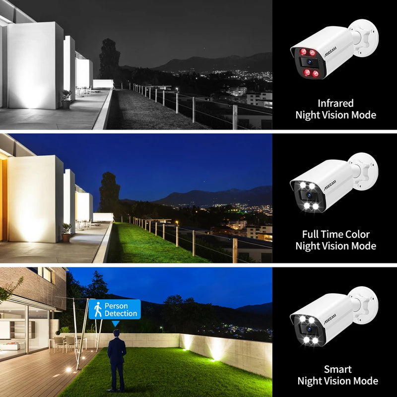 Nova câmera IP 4K 8MP com áudio externo POE H.265 Onvif Metal Bullet, câmera de vigilância com visão noturna colorida para casa